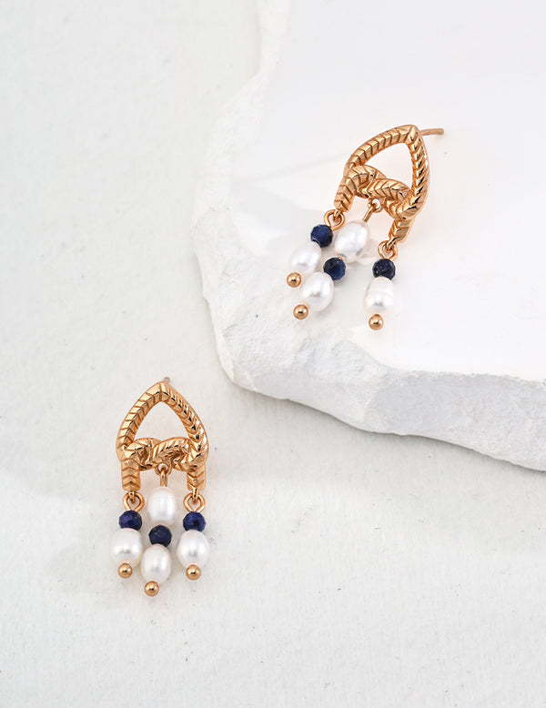 Knot Design Earrings with Pearl and Lapis Lazuli