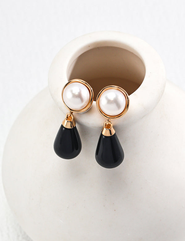 Sterling Silver Earrings with Pearl and Teardrop Agate