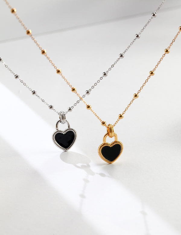 Sterling Silver Heart-Shaped Pendant Black Enamel Necklace